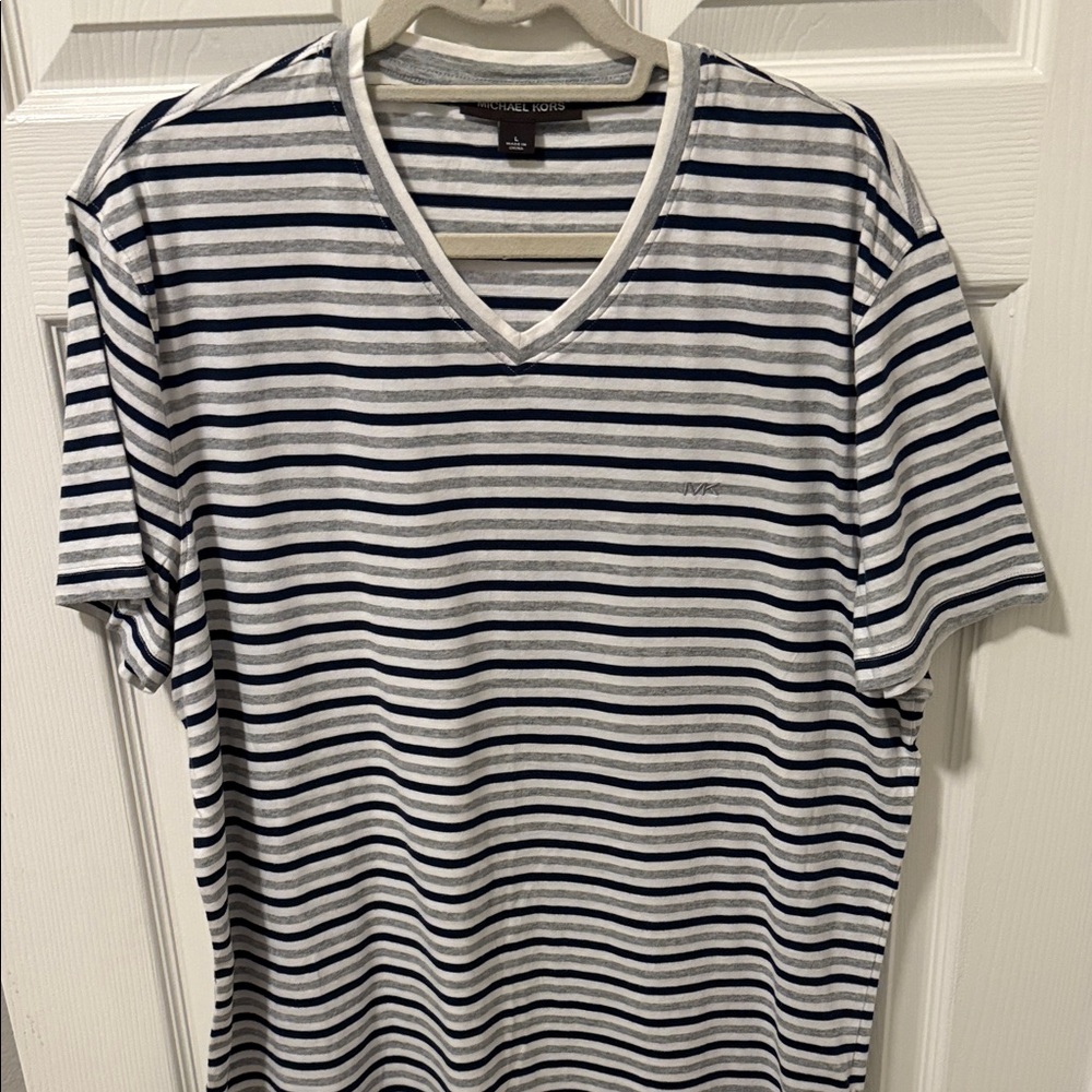 Michael Kors Men's V-Neck Striped Tee - Blue Grey and White Sz Large